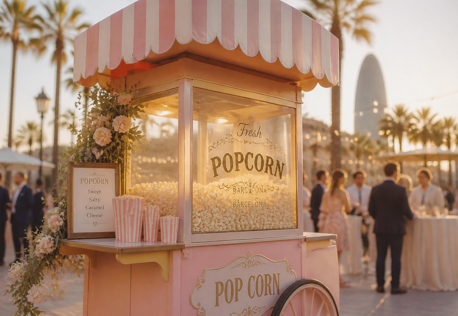 Pastel pink Cloud Corn popcorn cart at a golden-hour event in Barcelona